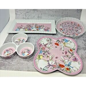 NWT Boston Intl Adorable Easter Bunny Serving Dish Set Lot 4 Platter Bowl
